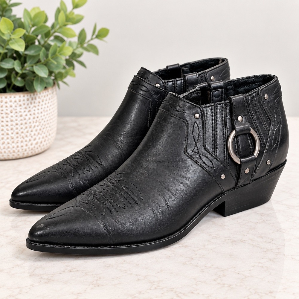 Dolcis Black Leather Western Ankle Boots Pointed Toe O-Ring Y2K Vintage 7.5